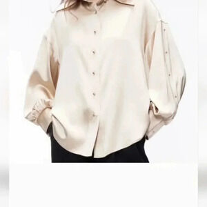 Classic Women's Satin Button-Up Blouse - Cream